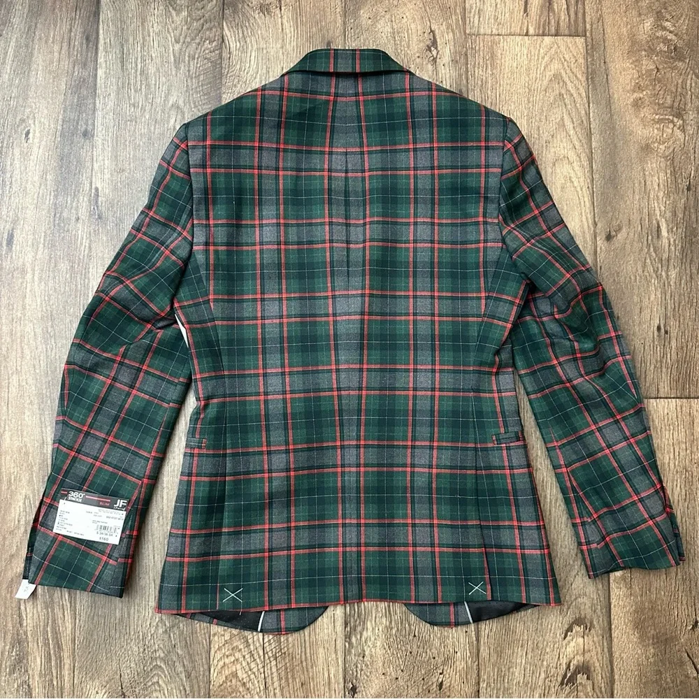 JF J Ferrar Sports Coat Slim Suit Jacket Mens S 34/36 Short Plaid Red Green